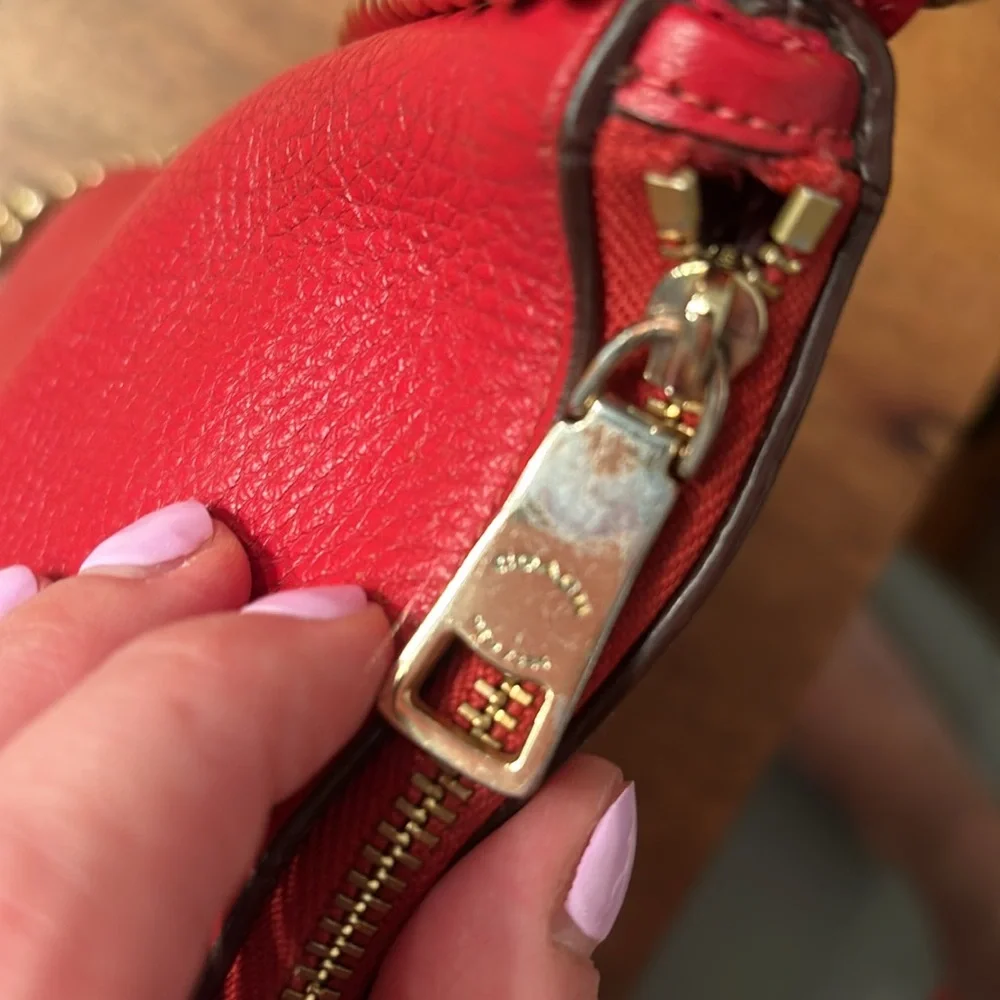 Red leather crossbody gold chain